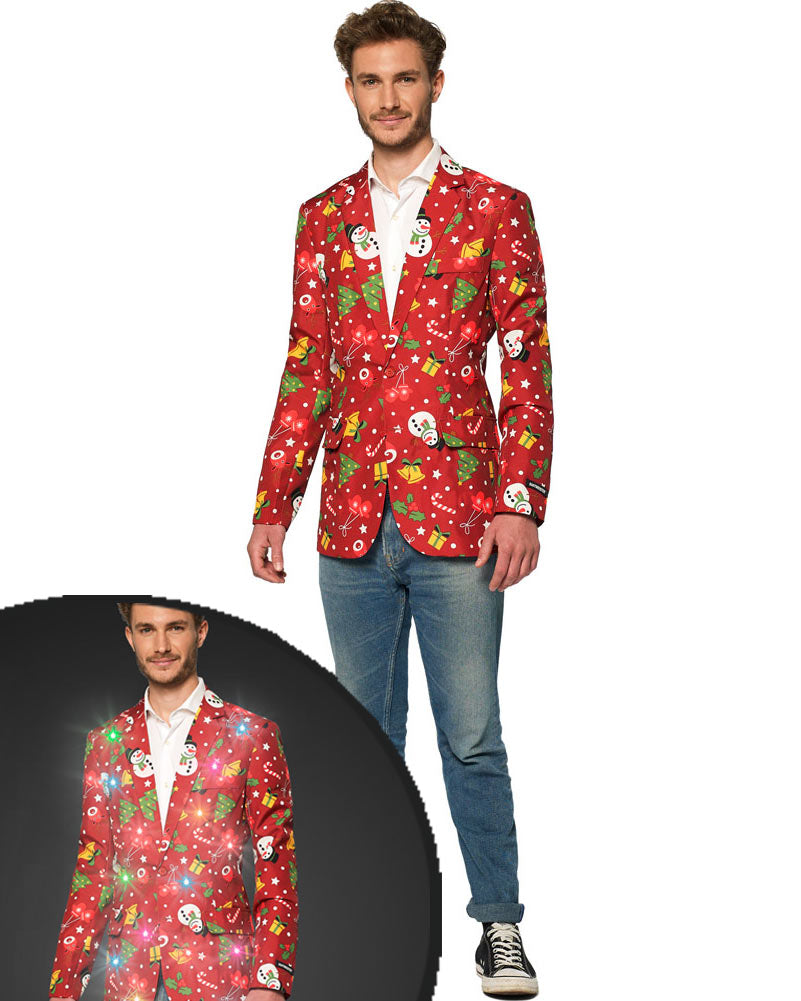 Light Up Red Christmas Icons Mens Suitmeister Jacket