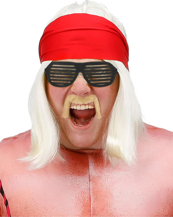 90s Wrestling Star Blonde Wig Bandana Moustache and Sunglasses Set