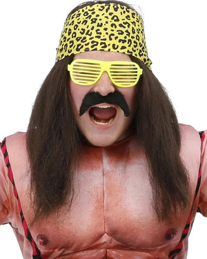 90s Wrestling Star Brown Wig Bandana Moustache and Sunglasses Set