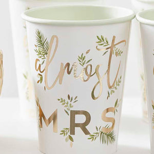 Botanical Hen Party Gold Foiled Almost Mrs Paper Cups Pack of 8