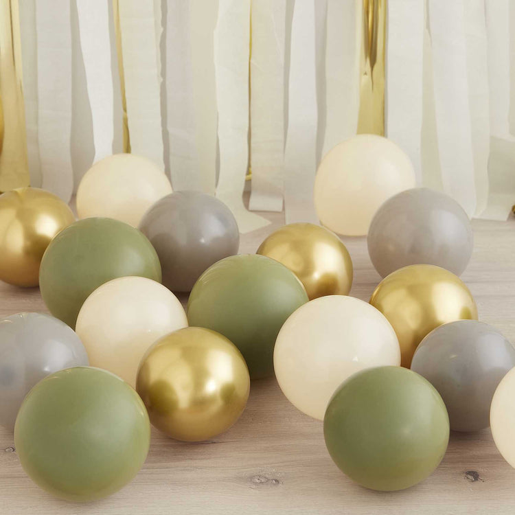 Ginger Ray Balloon Pack 12cm Green, Gold, Grey & Sand Pack of 40