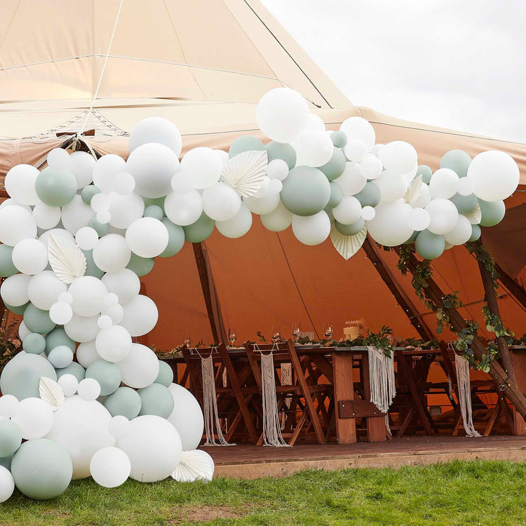 Balloon Arch & Paper Fans White & Sage Pack of 203