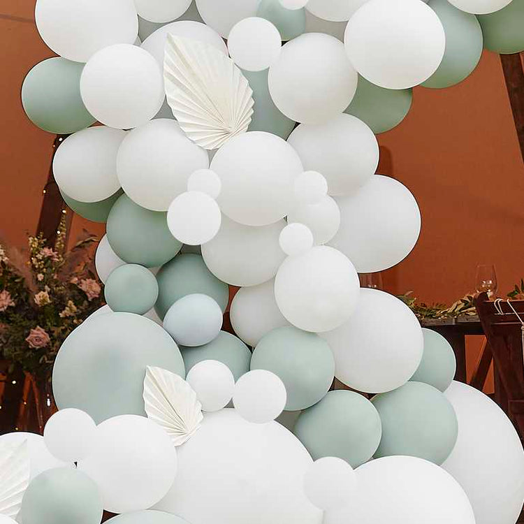 Balloon Arch & Paper Fans White & Sage Pack of 203