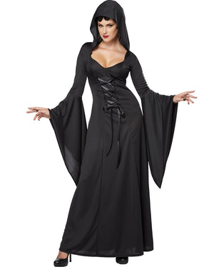 Black Hooded Medieval Robe Deluxe Womens Costume