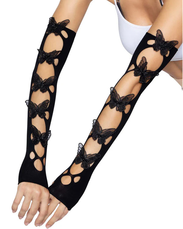 Black Opaque Net Cut-Out Butterfly Applique Arm Warmers