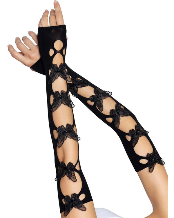 Black Opaque Net Cut-Out Butterfly Applique Arm Warmers