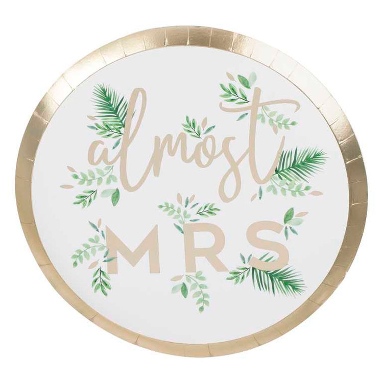 Botanical Hen Party Gold Foiled Paper Almost Mrs Plates Pack of 8