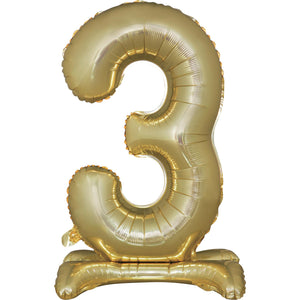 Large Number 3 Standing White Gold Foil Balloon