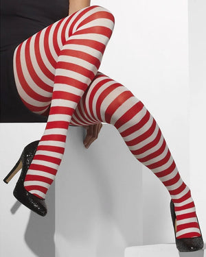 Christmas Red and White Striped Opaque Tights