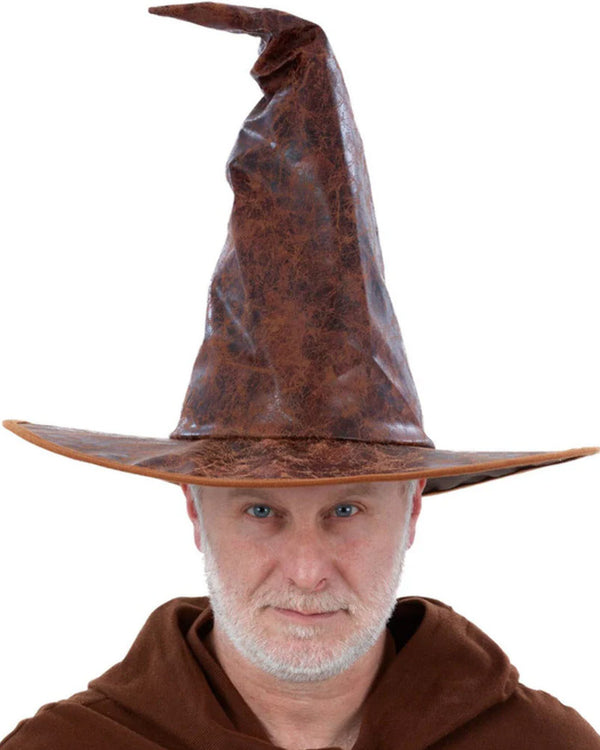 Distressed Brown Mock Leather Wizard Hat