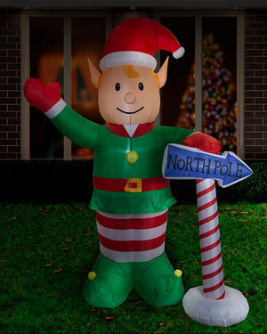 Elf with North Pole Sign Christmas Lawn Inflatable 2.4m