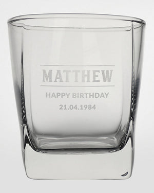 Happy Birthday Engraved Square 295ml Scotch Glass