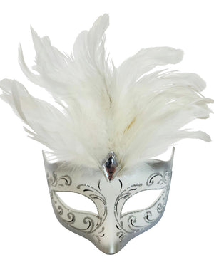 Masquerade Silver and White Feathered Eye Mask