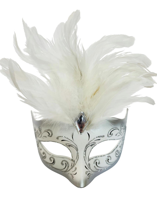 Masquerade Silver and White Feathered Eye Mask