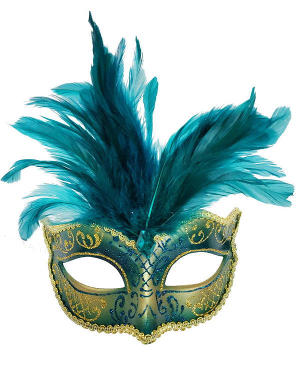 Masquerade Teal Feathered Eye Mask