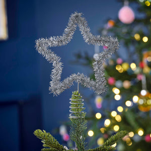 Merry & Bright Christmas Silver Tinsel Star Tree Topper