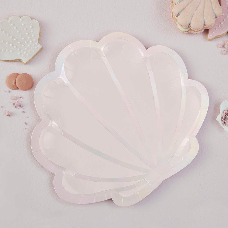 Mermaid Paper Plates Shell Shaped Pink & Iridescent Pack of 8