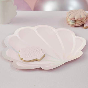 Mermaid Paper Plates Shell Shaped Pink & Iridescent Pack of 8