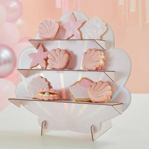 Mermaid Treat Stand Shells Shaped Pink & Iridescent