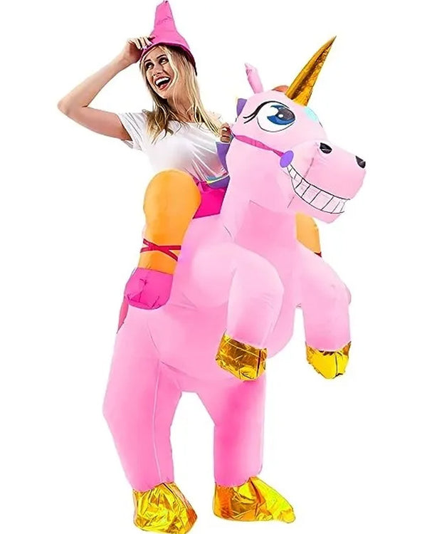 Riding A Pink Unicorn Inflatable Adult Costume