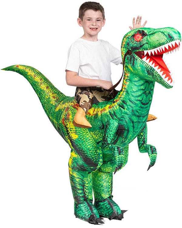 Riding A Raptor Green Inflatable Kids Costume