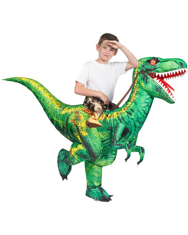 Riding A Raptor Green Inflatable Kids Costume