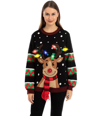 Ugly Reindeer with Light Bulbs Black Deluxe Adult Christmas Sweater