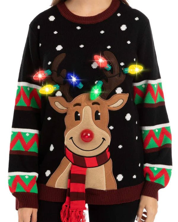 Ugly Reindeer with Light Bulbs Black Deluxe Adult Christmas Sweater