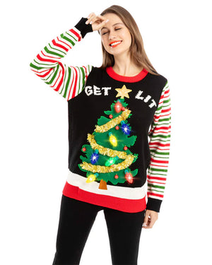 Ugly Get Lit Christmas Tree with Light Bulbs Deluxe Adult Sweater