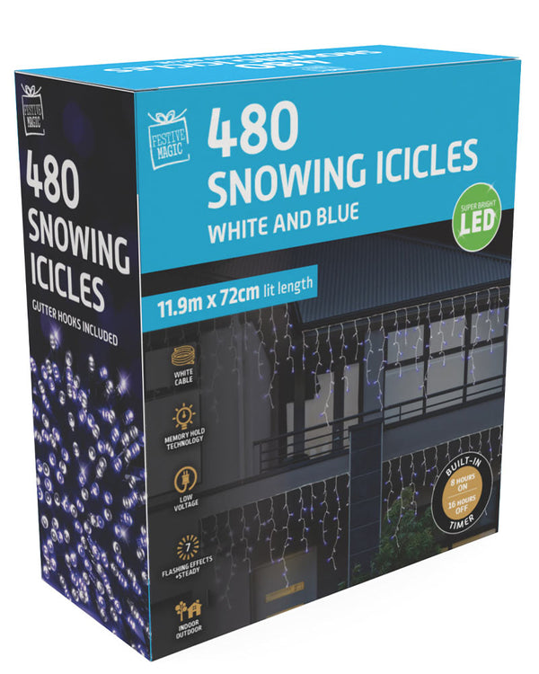 White Blue 480 Piece Christmas LED Snowing Icicle Lights 11.9m