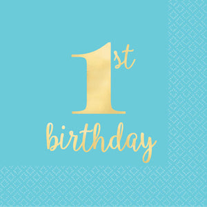 1st Birthday Blue Beverage Napkins Pack of 16