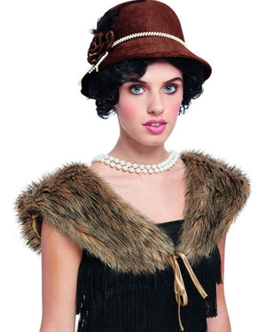 20s Brown Deluxe Hat and Faux Fur Stole Accessory Set