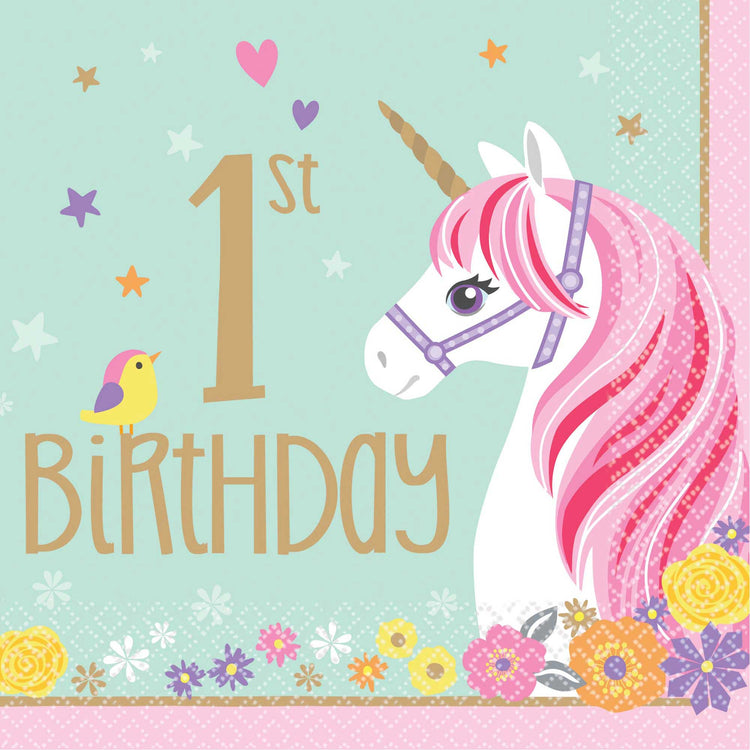 Magical Unicorn 1st Birthday Lunch Napkins Pack of 16