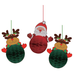 Christmas Santa & Reindeers Hanging Honeycomb Decorations Pack of 3