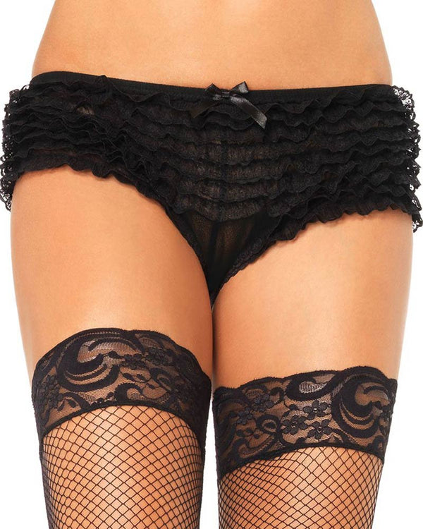 Black Micromesh Lace Ruffle Tanga Shorts