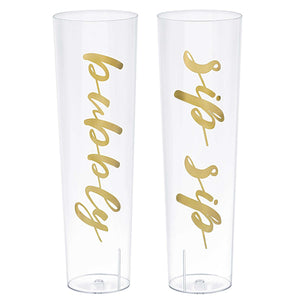 Champagne Stemless Wine Glasses Gold Hot Stamped on Clear Plastic Pack of 2