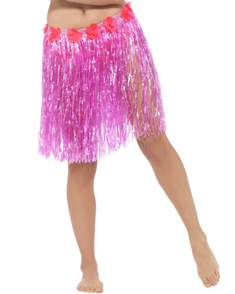 Neon Pink Hawaiian Hula Skirt with Flowers