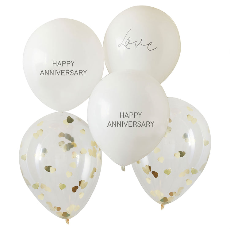 Anniversary Balloon Bundle Happy Anniversary & Heart Confetti White & Gold Pack of 5