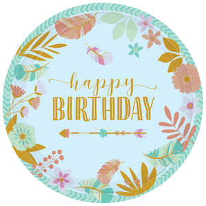 Boho Birthday Girl 26cm Round Metallic Plates Pack of 8