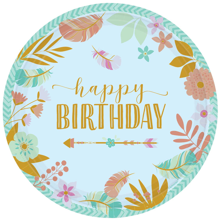 Boho Birthday Girl 26cm Round Metallic Plates Pack of 8