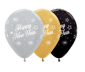 Christmas Sempertex 30cm Happy New Year Stars Metallic Silver, Gold & Black Latex Balloons, 12PK Pack of 12