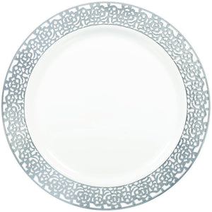 Premium White with Silver Lace Border 19cm Round Plates Pack of 20