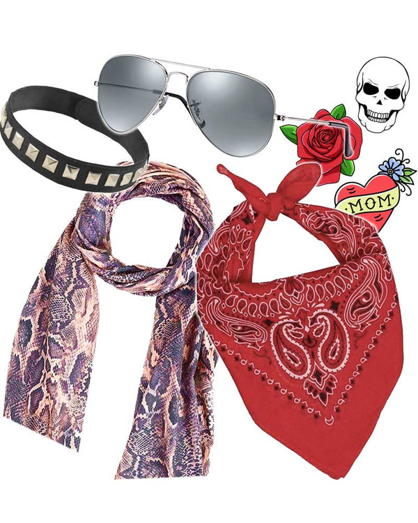 80s Punk Rocker Choker Glasses Scarf Bandana and Tattoos Set