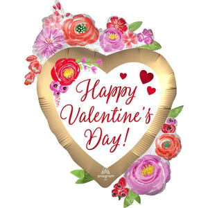 SuperShape Happy Valentines Day Satin Watercolour Floral 86cm Foil Balloon