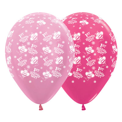 Sempertex 30cm 1st Birthday Girl Bumble Bees Satin Pearl Pink & Metallic Fuchsia Latex Balloons, 6PK Pack of 6