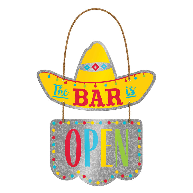 Fiesta Cinco 2 Tier Hanging Metal Sign & Rope Hanger The Bar is Open