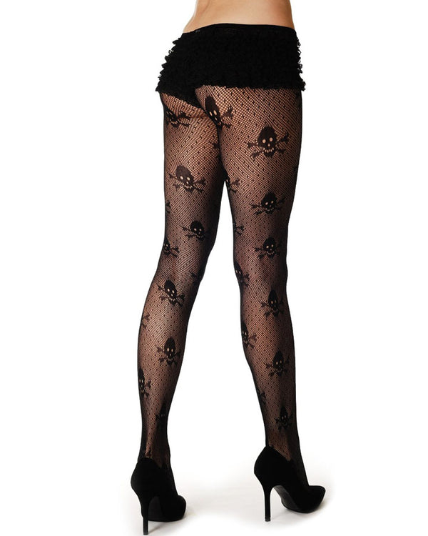 Black Micro Net Stockings with Skull Print