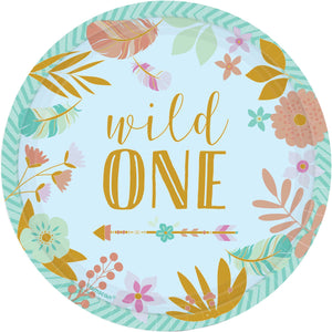 Boho Birthday Girl 17cm Round Metallic Paper Plates - Wild One Pack of 8