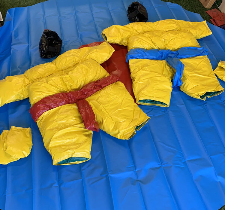 Two PVC and Fabric Kids Sumo Suits with Helmets Gloves and 291cm Mat
