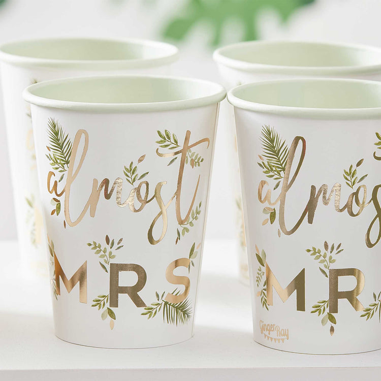 Botanical Hen Party Gold Foiled Almost Mrs Paper Cups Pack of 8